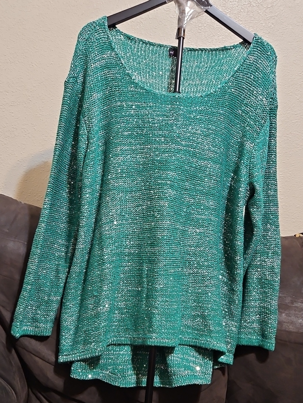 Rafaella Green Metallic Sequined Scoop Neck Sweater